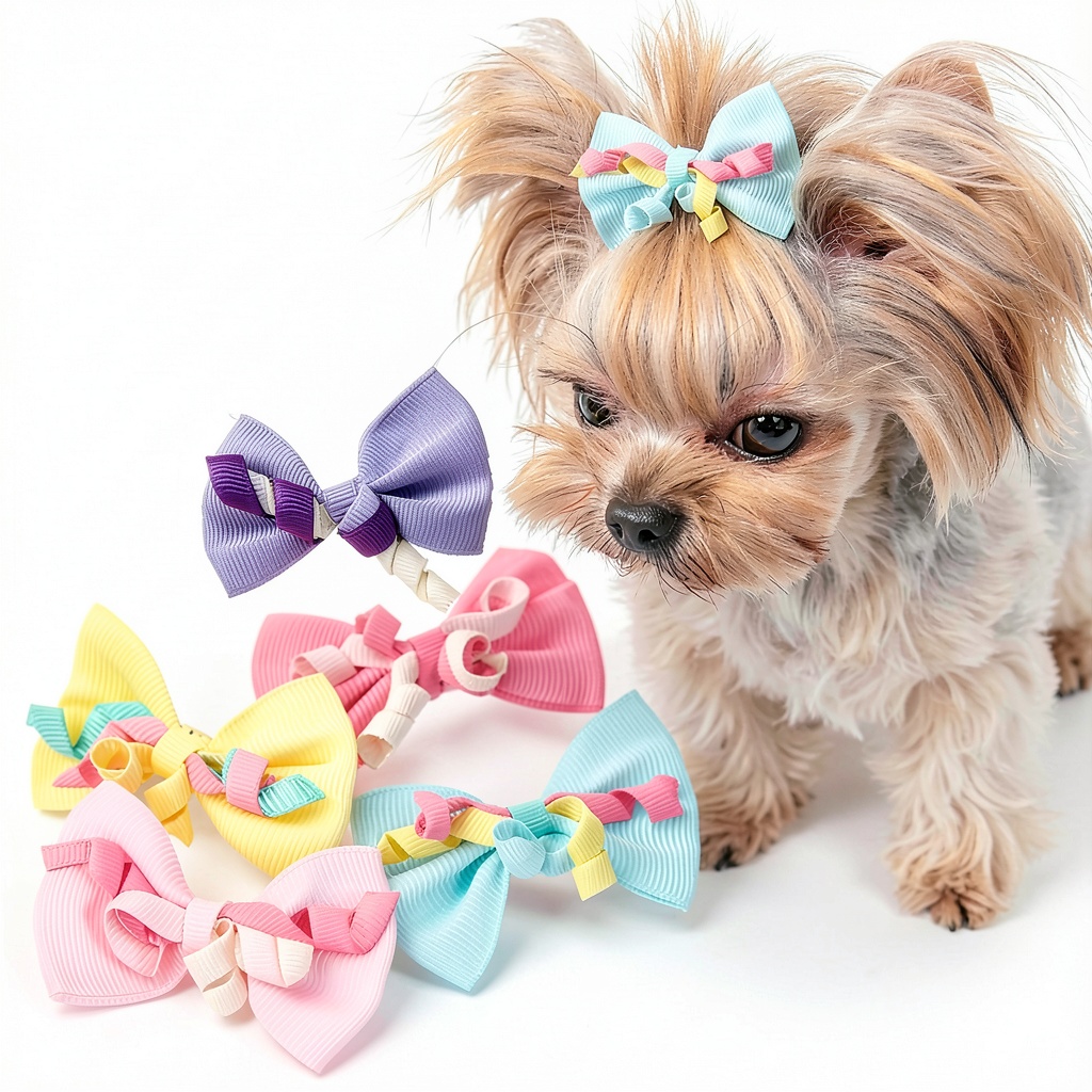 Installing silicone dog hair bows on a tiny Maltese puppy on a wooden desk