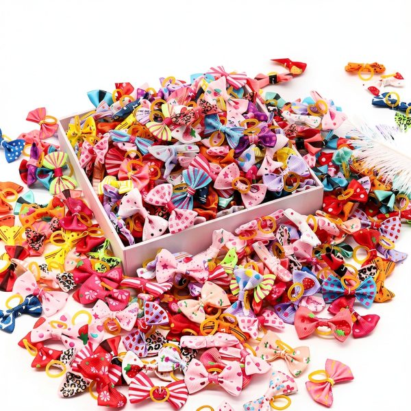 100PCS Cute Puppy Dog Small Bowknot Hair Bows,Yorkie Doggie Bows with Rubber Band Pet Grooming Bows Dog Hair Costume Accessories for Small Dog-3