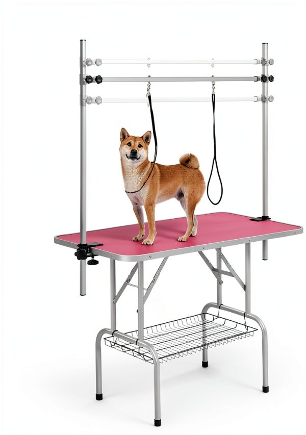 Pet Grooming Table Yaheetech 46" Height Stand with Arm Tray Pink-3