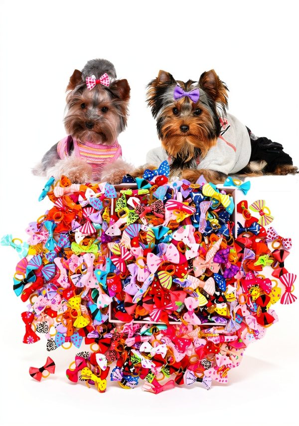 100PCS Cute Puppy Dog Small Bowknot Hair Bows,Yorkie Doggie Bows with Rubber Band Pet Grooming Bows Dog Hair Costume Accessories for Small Dog-0