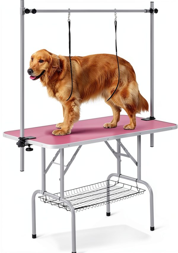 Pet Grooming Table Yaheetech 46" Height Stand with Arm Tray Pink-0