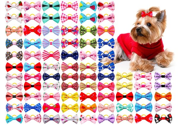 100PCS Cute Puppy Dog Small Bowknot Hair Bows,Yorkie Doggie Bows with Rubber Band Pet Grooming Bows Dog Hair Costume Accessories for Small Dog-2